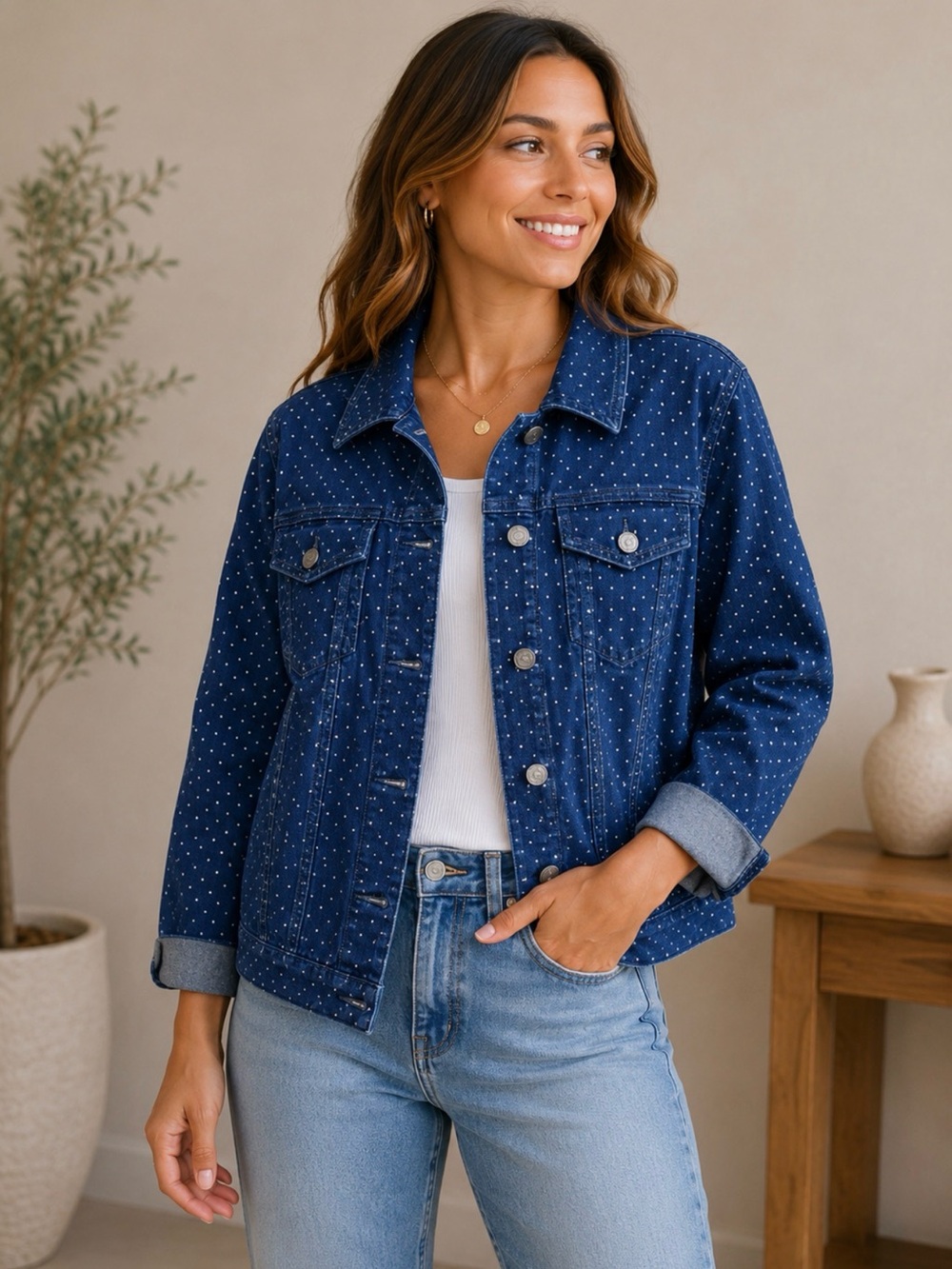 Talbots Polka Dot Denim Jacket Women’s M NWT $99 Dark Wash Jean Jacket NWT